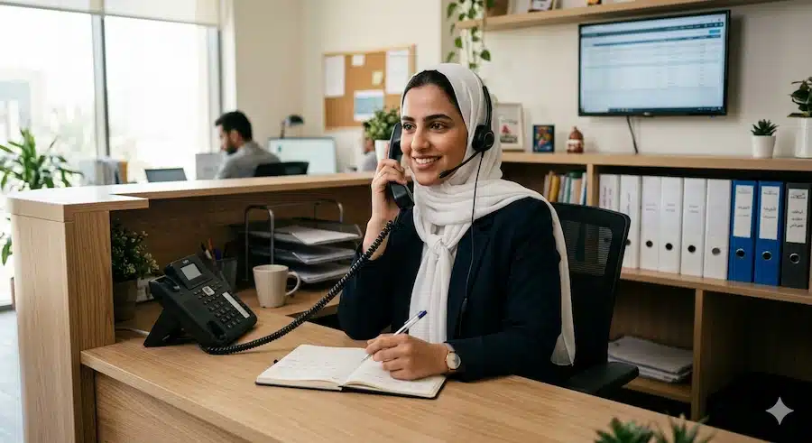 إنشاء رابط واتساب أعمال: دليلك لبدء محادثة مباشرة مع العملاء 1 موظفة خدمة عملاء داخل مكتب أعمال تستخدم واتساب للتواصل مع العملاء.
