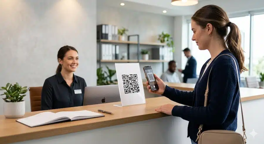 تحويل رقم الواتس لرابط: الطريقة الصحيحة مع أمثلة سعودية 5 عميل يمسح رمز QR للوصول إلى محادثة واتساب مباشرة.