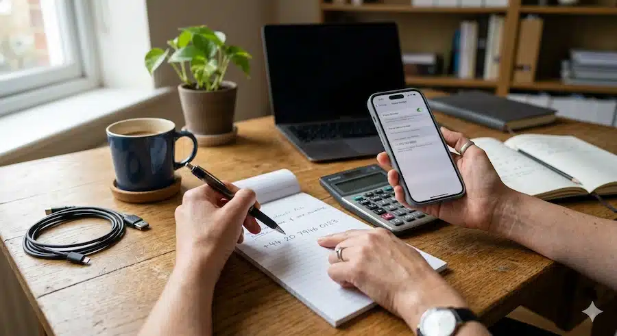 تحويل رقم الواتس لرابط: الطريقة الصحيحة مع أمثلة سعودية 4 شخص يراجع رقم هاتف بصيغة دولية قبل تحويله إلى رابط واتساب مباشر.
