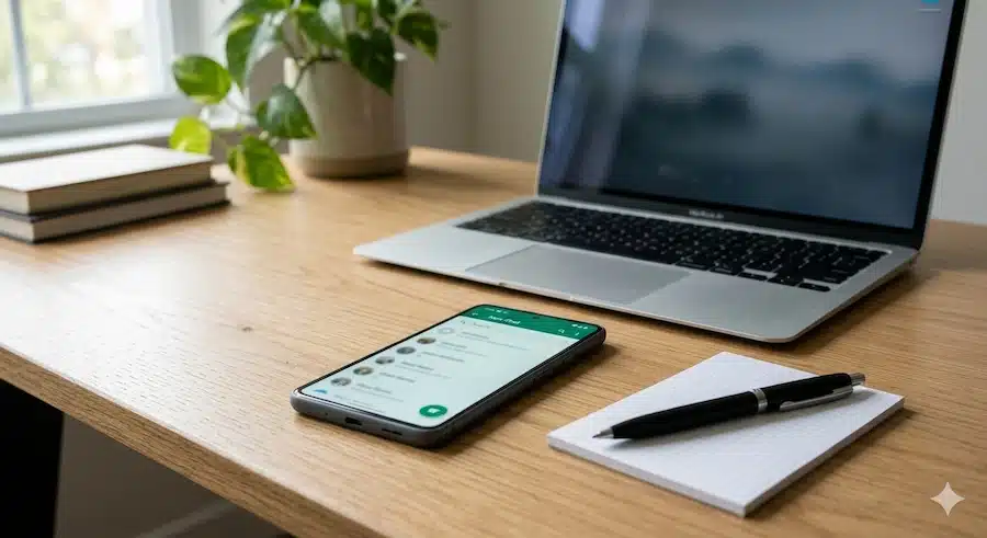 تحويل رقم الواتس لرابط: الطريقة الصحيحة مع أمثلة سعودية 1 هاتف ذكي على مكتب عمل حديث يرمز إلى بدء محادثة واتساب مباشرة.