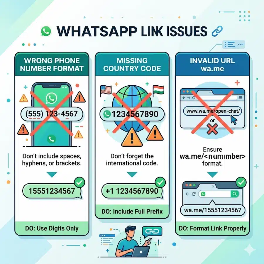 رابط واتساب لا يعمل: الأسباب الشائعة وطريقة إصلاحه خطوة بخطوة 4 أسباب عدم عمل رابط واتساب