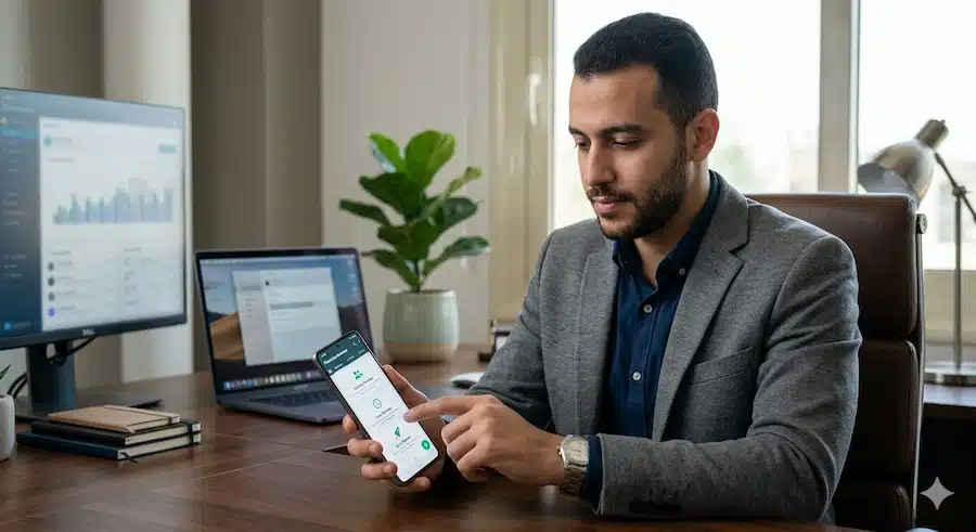 رابط واتساب لا يعمل؟ إليك السبب وطريقة الإصلاح الصحيحة في السعودية 3 موظف يستخدم واتساب بزنس لإعداد رسائل ترحيب وردود تلقائية للعملاء.