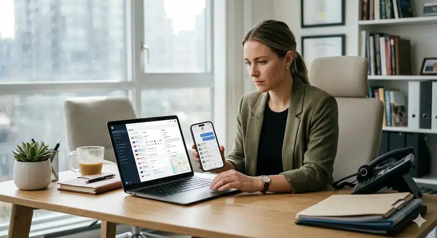 طريقة عمل رابط واتساب برقم دولي: دليل الخطوات والاستجابات التلقائية 1 صاحب نشاط يجهز رابط واتساب برقم دولي من مكتبه لخدمة عملاء من دول مختلفة.
