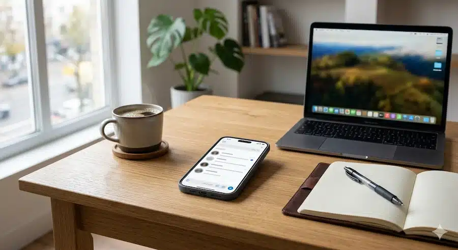 موقع لإنشاء رابط واتساب مع رسالة جاهزة: دليل سريع لإنشاء لينك واتساب مباشر 2 هاتف ذكي على مكتب عمل حديث يرمز إلى إنشاء رابط واتساب يفتح محادثة مباشرة.