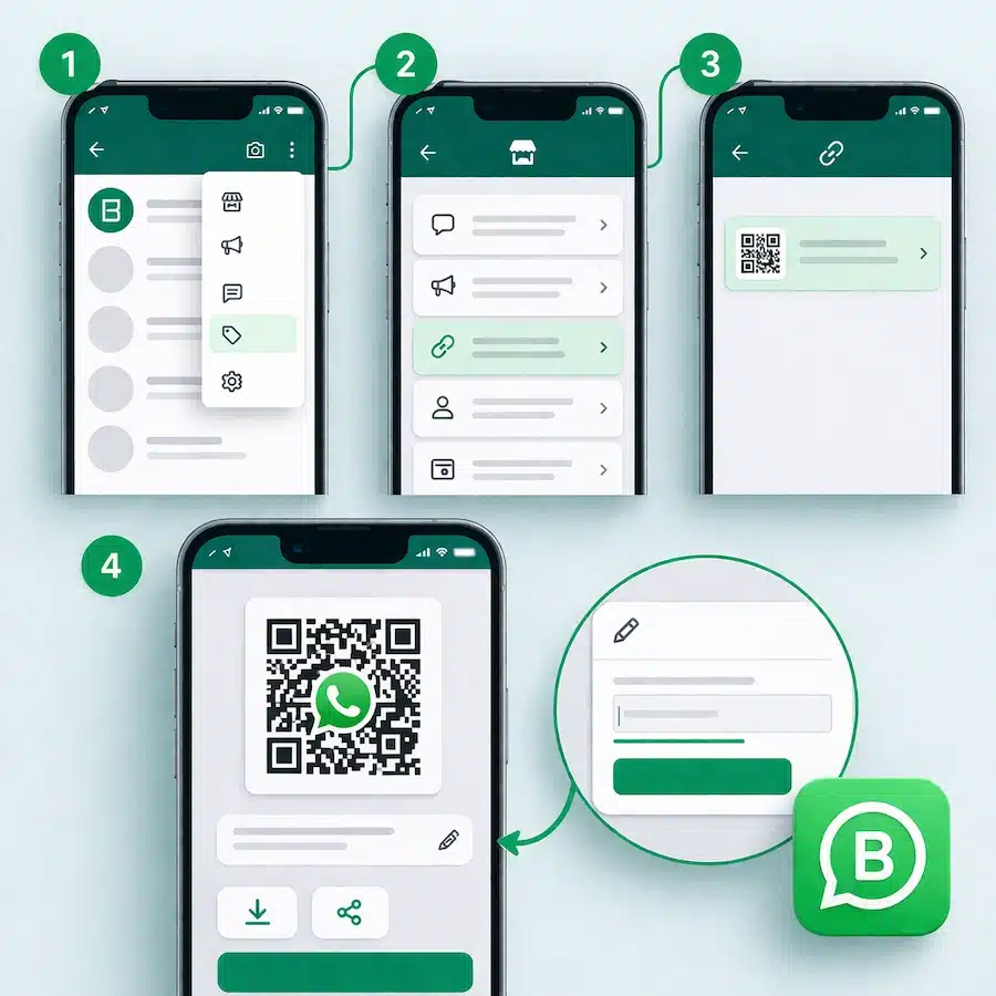 باركود واتساب — كيف تنشئه وتستخدمه لنشاطك التجاري 2026 1 شخص يقوم بمسح باركود واتساب باستخدام الهاتف من بطاقة أعمال وتغليف منتج