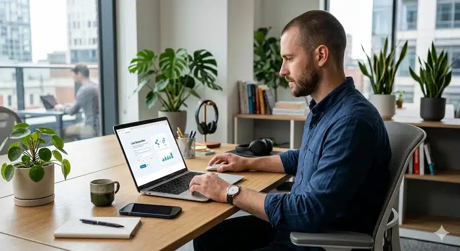 موقع لإنشاء رابط واتساب مع رسالة جاهزة: دليل سريع لإنشاء لينك واتساب مباشر 3 شخص يستخدم موقعًا عبر اللابتوب لإنشاء رابط واتساب مع رسالة جاهزة.