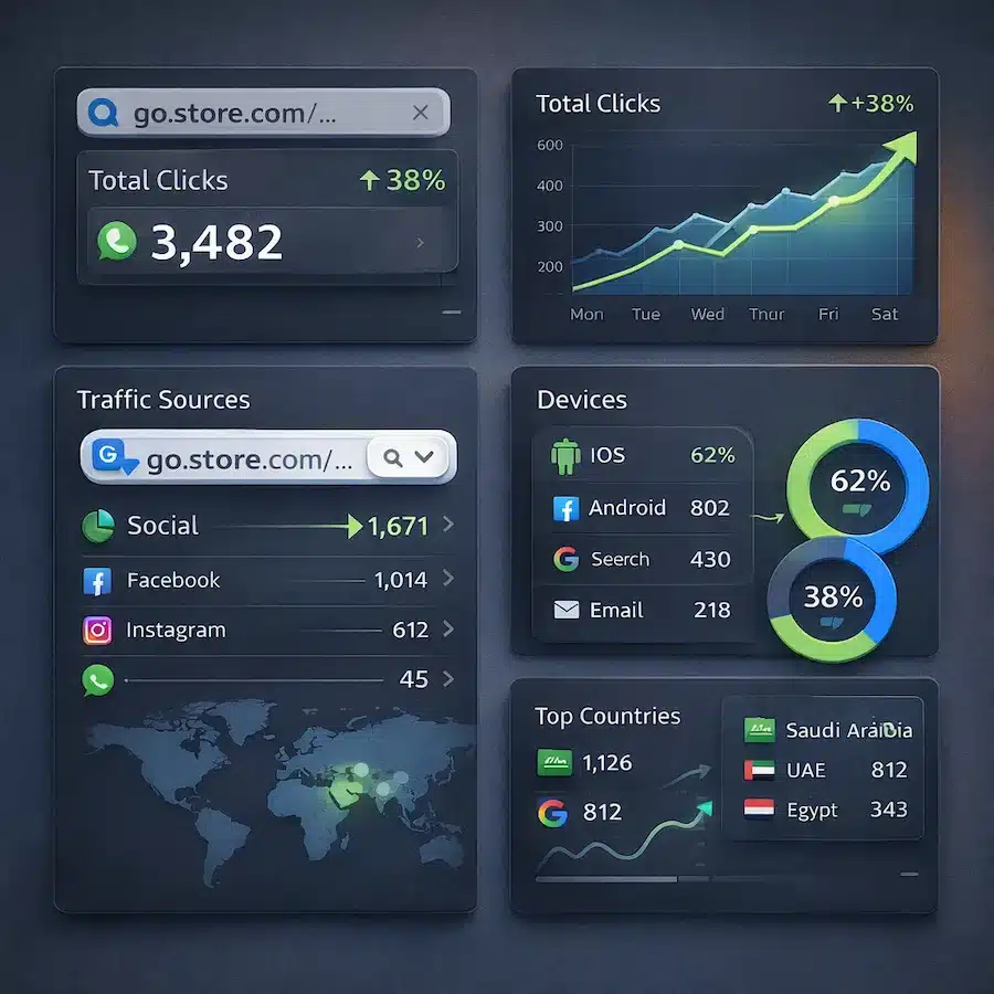 اختصار رابط واتساب — الطرق الصحيحة وأفضل الأدوات 2026 2 لوحة تحكم تعرض إحصائيات النقرات ومصادر الزيارات للروابط المختصرة