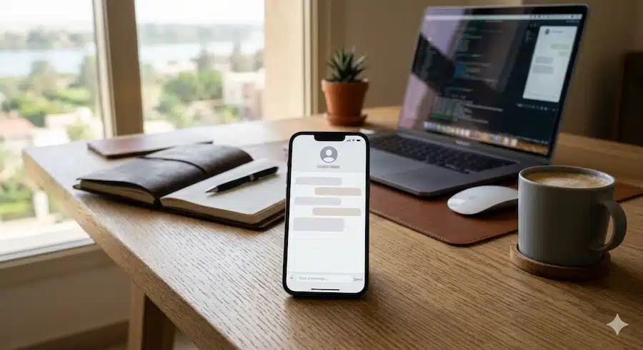 تحويل رقمي الى رابط واتساب: شرح عملي بالطريقة الصحيحة 2 هاتف ذكي على مكتب عمل حديث يرمز إلى فتح محادثة واتساب مباشرة.
