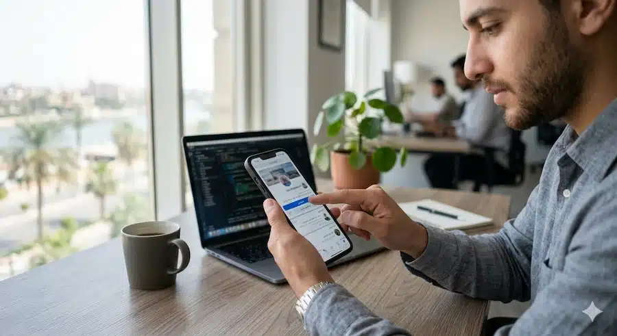 تحويل رقمي الى رابط واتساب: شرح عملي بالطريقة الصحيحة 3 شخص يضغط على زر تواصل من هاتفه لبدء محادثة واتساب مباشرة.