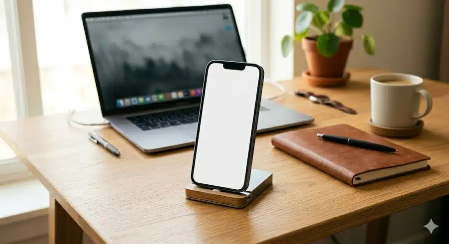 طريقة انشاء رابط واتس اب في كل الدول: الدليل السريع بصيغة wa.me 2 هاتف ذكي على مكتب عمل حديث يرمز إلى فتح محادثة واتساب مباشرة.