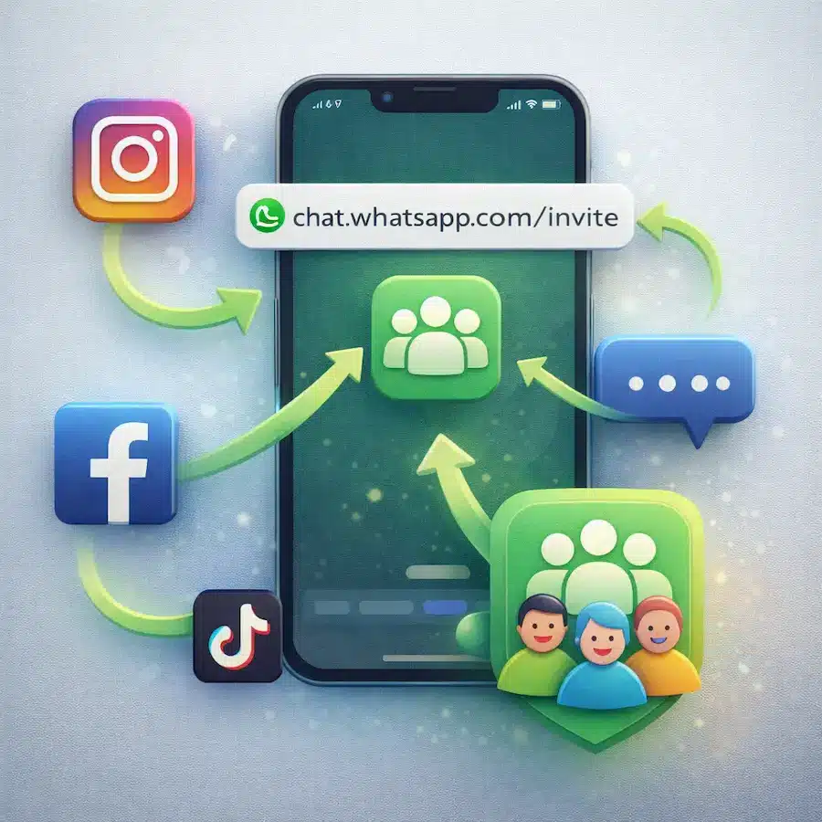 طرق نشر جروبات واتساب بدون حظر — دليل عملي 2026 2 هاتف يعرض رابط جروب واتساب يتم نشره عبر انستقرام وفيسبوك وتيك توك