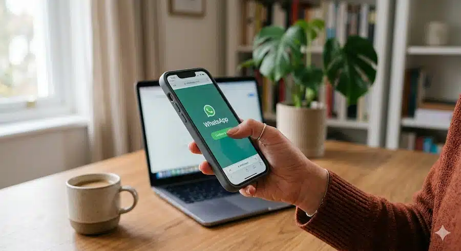 كيفية انشاء رابط واتساب يعمل في كل الدول (مع رسالة جاهزة) 3 شخص يفتح رابطًا من الهاتف لبدء محادثة واتساب مباشرة.