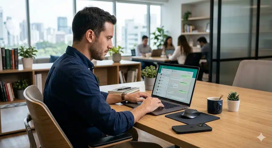 محادثة واتساب بدون تسجيل الرقم: الطريقة الأسرع لفتح الشات برقم غير محفوظ 5 شخص يفتح محادثة واتساب من الكمبيوتر عبر واتساب ويب بدون حفظ الرقم.