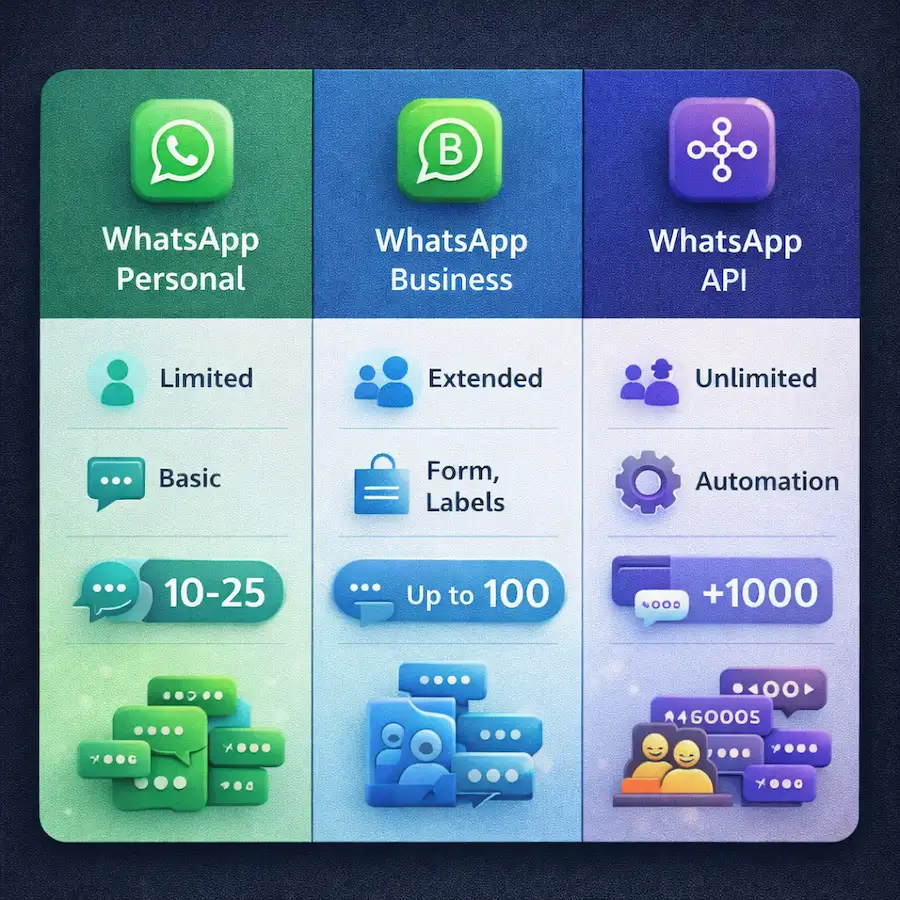 طرق نشر جروبات واتساب بدون حظر — دليل عملي 2026 3 مقارنة بين حساب واتساب الشخصي وواتساب بزنس وواتساب API من حيث المميزات والحدود